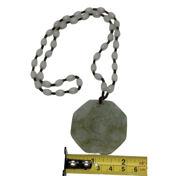 White Glass Bead 22" Necklace Green Nephrite Jade Carved Octagonal Pendant China - Picture 14 of 16